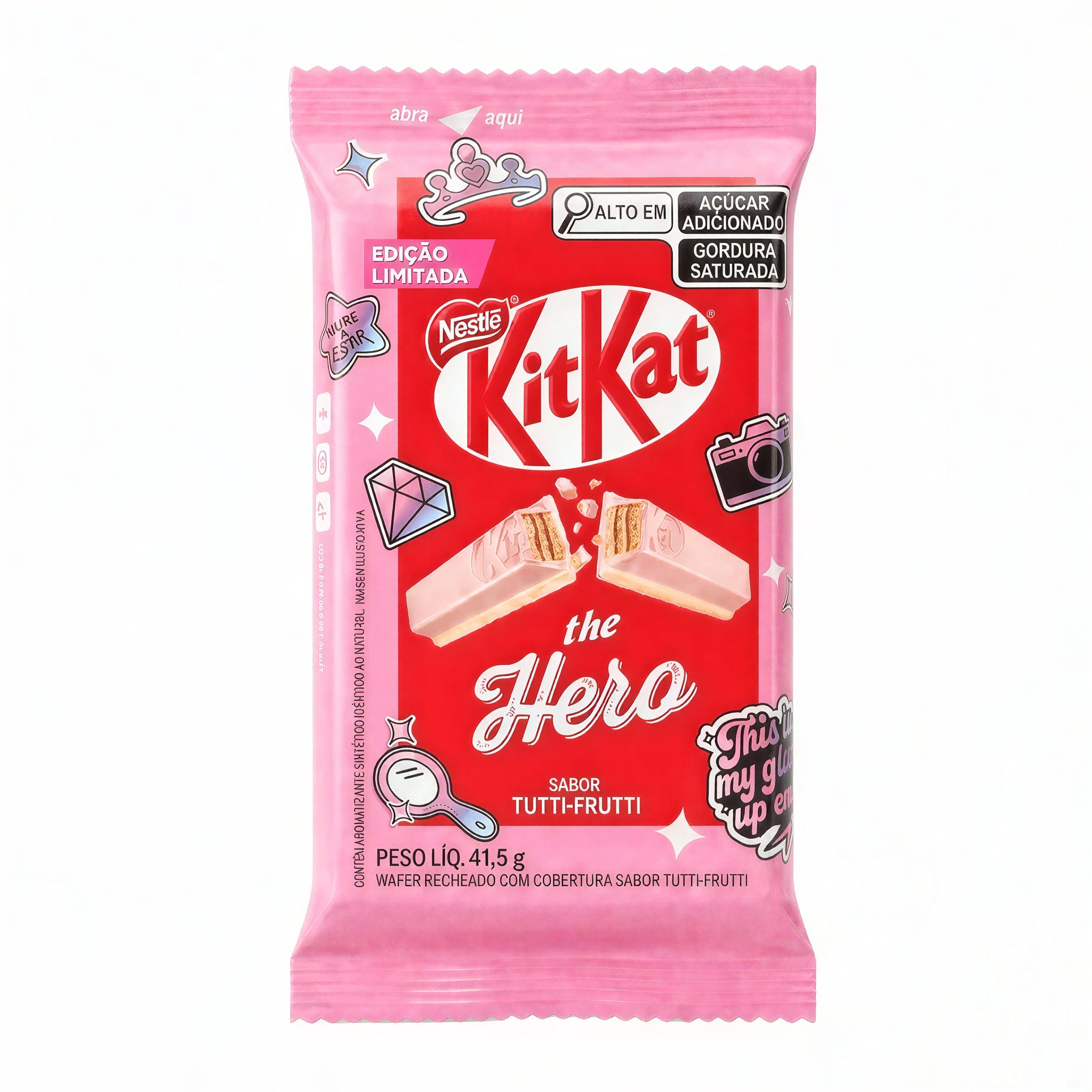 A pink KitKat 'The Hero' Tutti-Frutti chocolate bar wrapper, featuring a red front panel with the KitKat logo, an illustration of the chocolate wafer with red drizzle, and Portuguese text, on a plain white background.