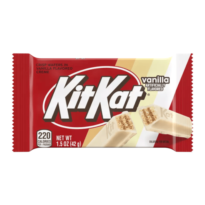 Front of Kit Kat Vanilla bar packaging showing red logo, vanilla flavour label, and image of crisp wafers (42g pack)