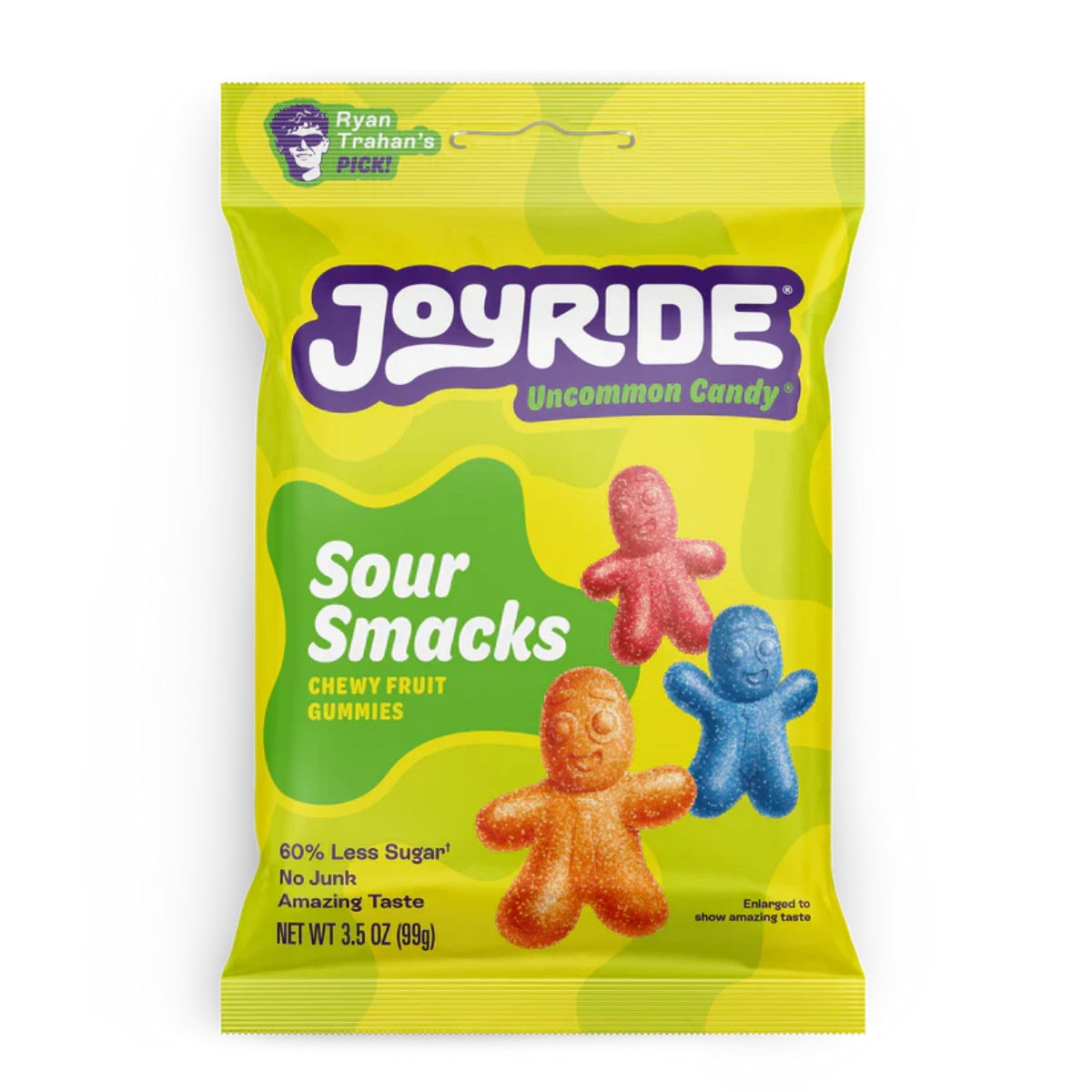 Front of Joyride Sour Smacks bag showing bright yellow packaging with logo, colourful gummy figures, and product size (99g)