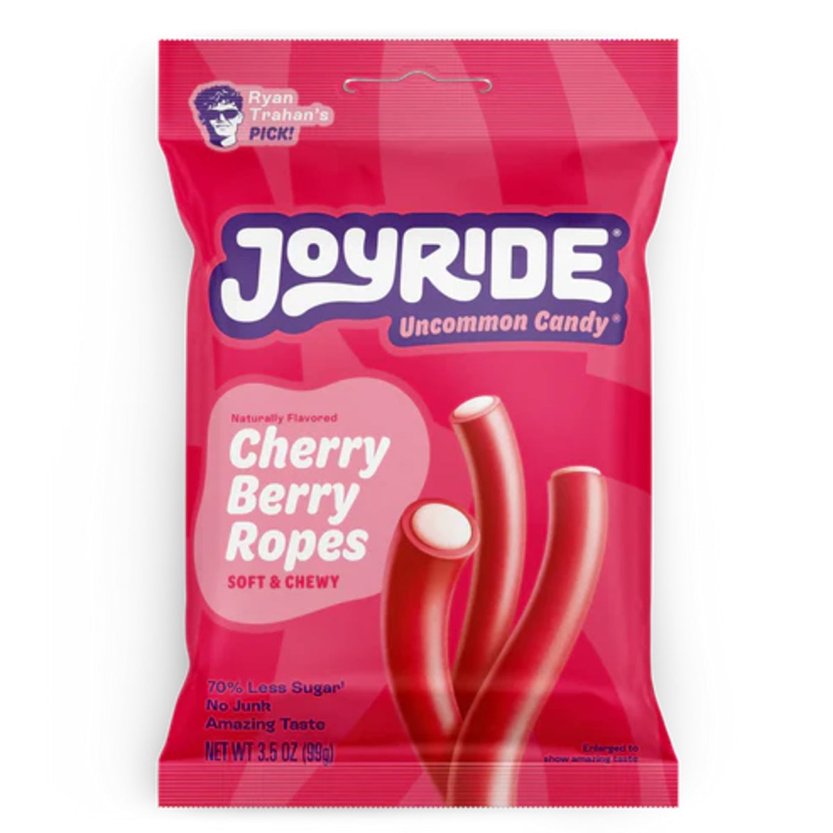 Front of Joyride Cherry Berry Ropes bag showing bold logo, cherry berry flavour label, and image of soft chewy ropes (99g pack)