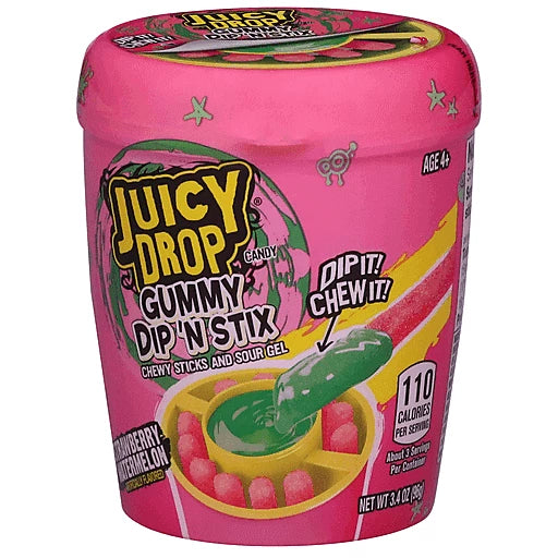 Front of a pink container of Topps Juicy Drop Gummy Dip 'N Stick Strawberry Watermelon showing logo and gummy dip candy with sour gel (96g)