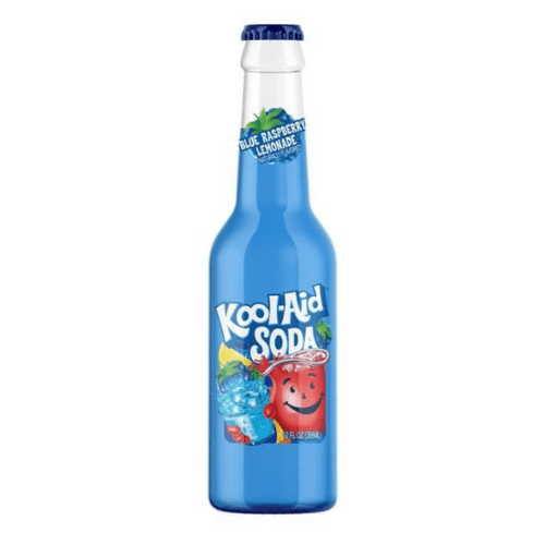 Front label of Kool Aid Blue Raspberry Lemonade (355ml), displaying flavour and branding.