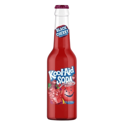 Front label of Kool Aid Soda Black Cherry (355ml), displaying flavour and branding.