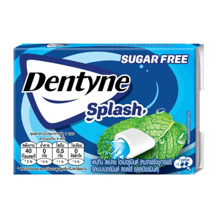Front of Dentyne Splash Chewing Gum pack showing blue and white logo, hypermint flavour, and sugar-free label (11g pack)