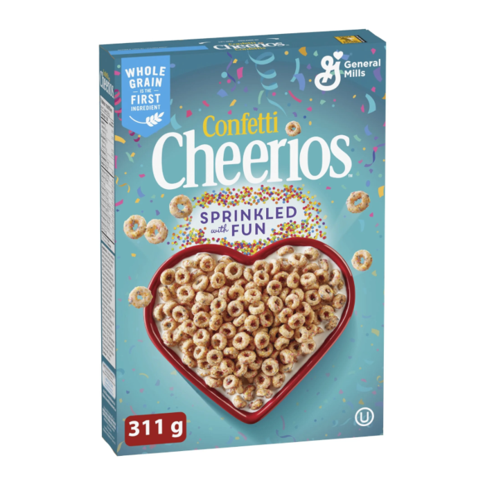 Front of Cheerios Confetti Cereal box featuring the logo, confetti design, and a heart-shaped bowl of cereal (311g pack)