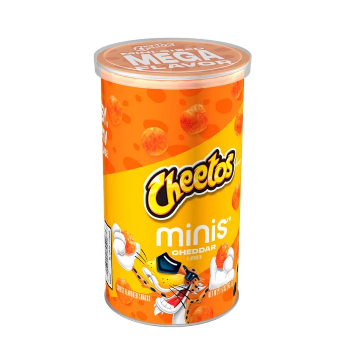Front of Cheetos Minis Cheddar container displaying bold yellow and orange design, logo, cheddar flavour label, and 42g pack size