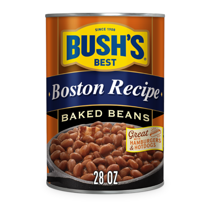 Front of a can of Bush's Best Boston Recipe Baked Beans (794g) with logo and beans visible