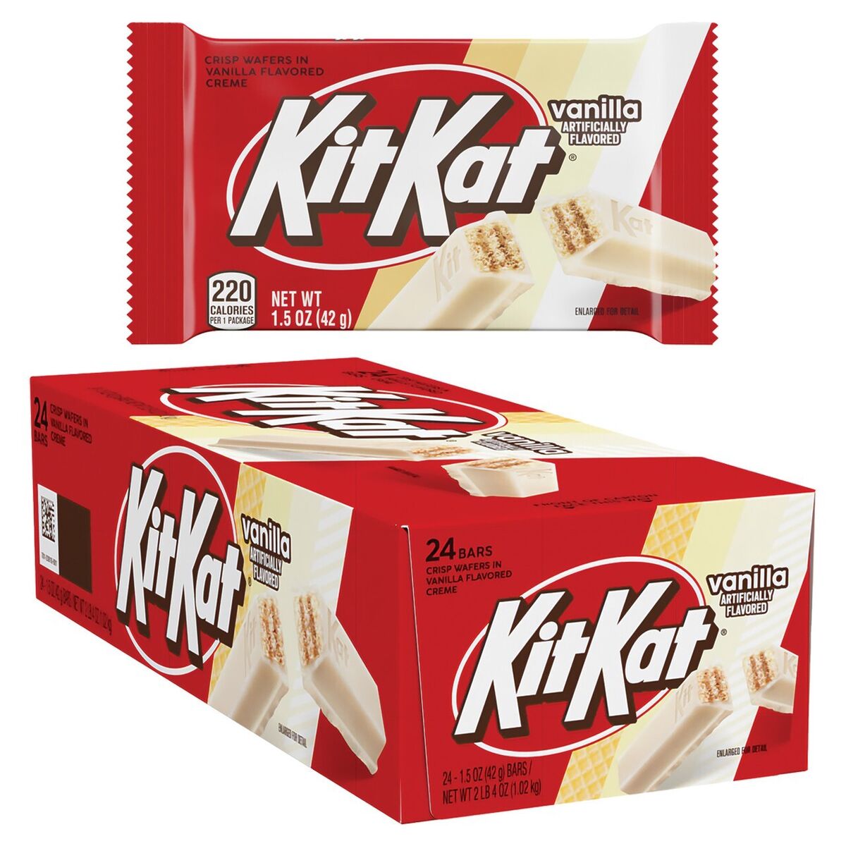Front of a Kit Kat Vanilla bar showing logo, crisp wafers in vanilla flavored creme, and 24 pack details (42g per bar)