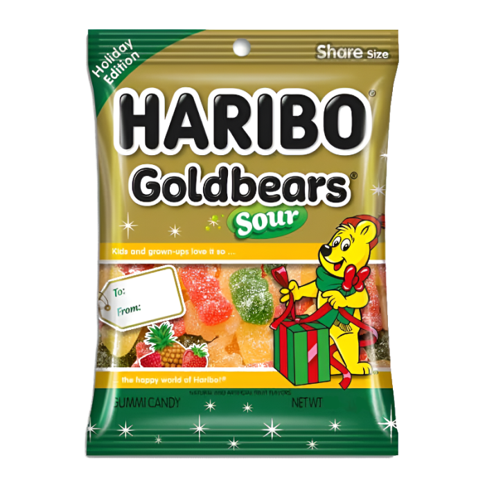 Front of Haribo Christmas Edition Sour Goldbears bag showing festive design, colourful gummy bears, and 113g pack size