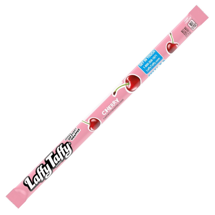Front of Laffy Taffy Cherry Rope Candy packaging showing logo, cherry design, and candy details (22.9g)