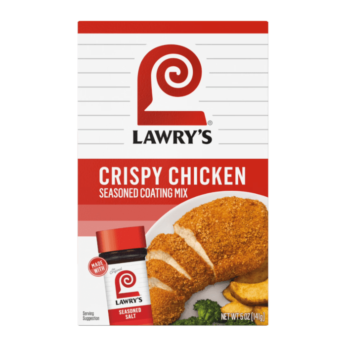Front of Lawry's Crispy Chicken Seasoned Coating Mix box featuring the logo and a delicious image of crispy chicken (141g pack)