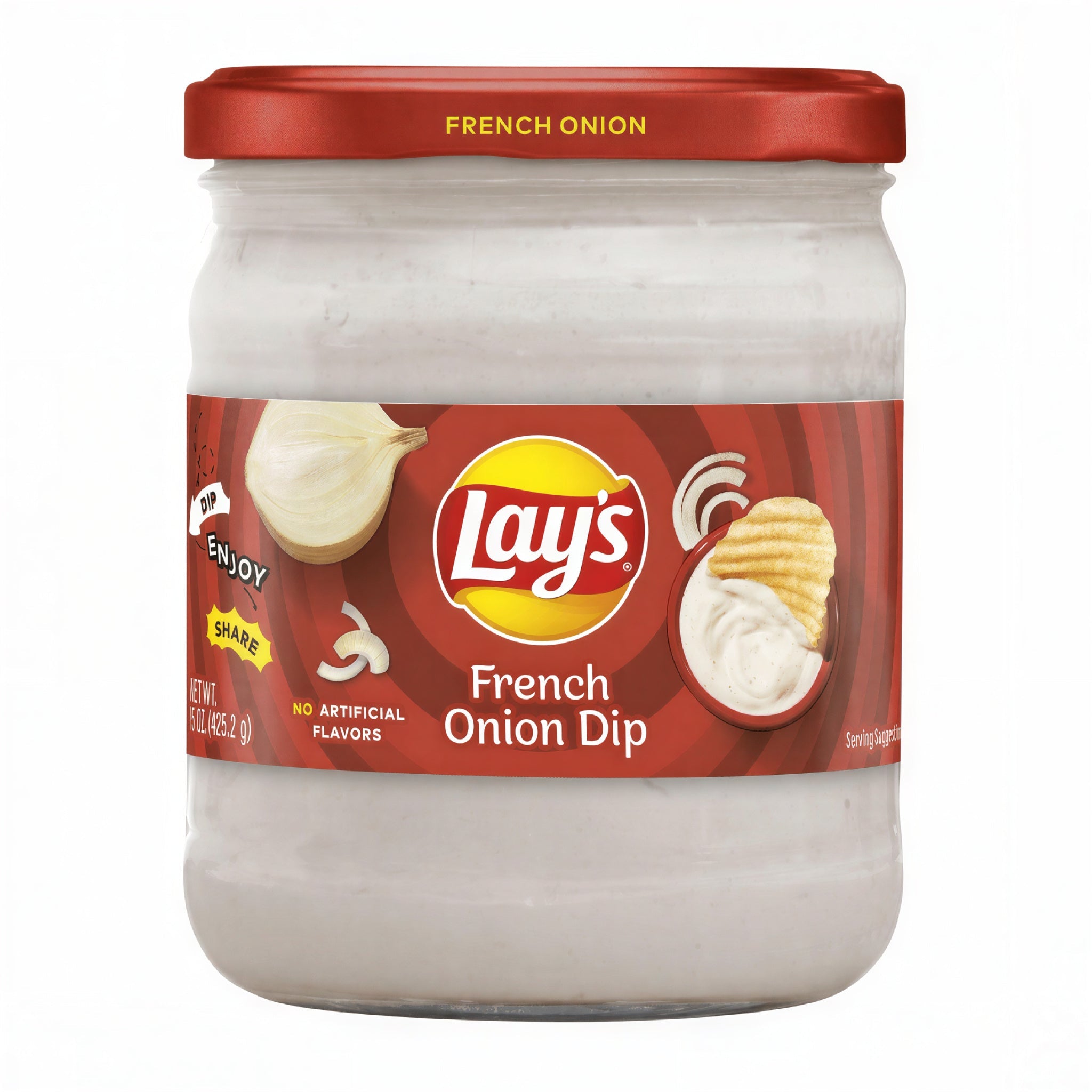 A jar of Lay's French Onion Dip with a red lid and a red label featuring the Lay's logo, garlic, onion, and potato illustrations on a white background.