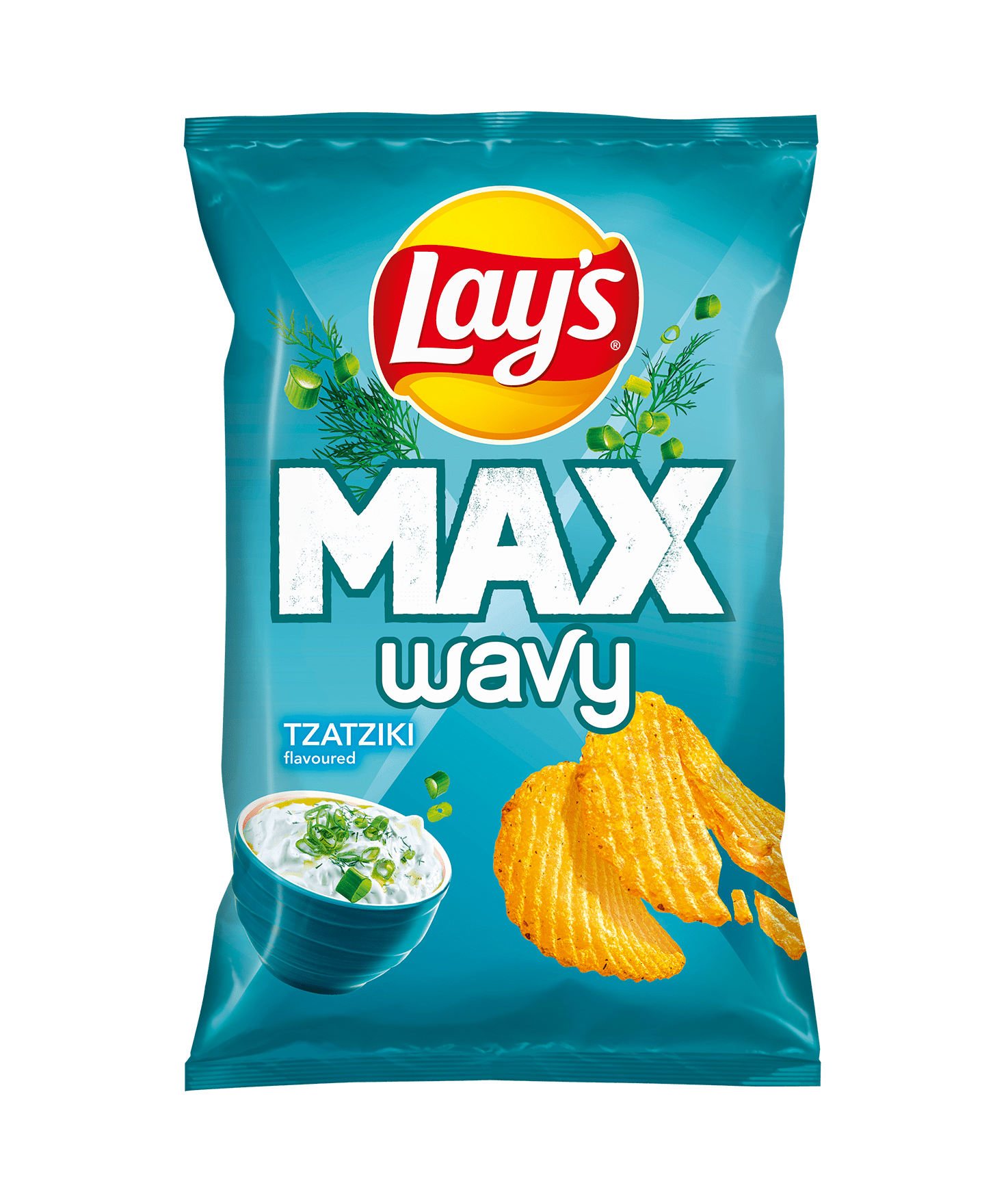 Front of Lay's Max Wavy Tzatziki bag showing the logo, wavy crisps, and tzatziki flavour label (120g pack)