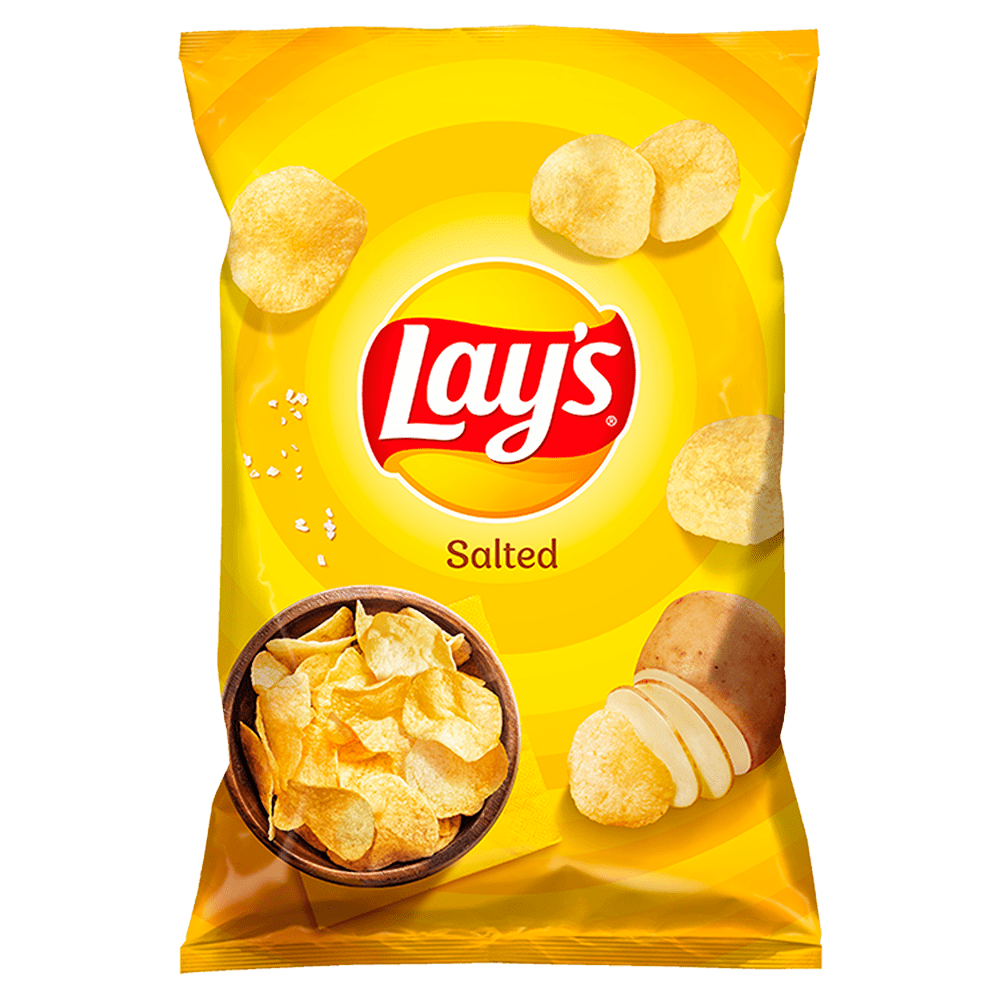 Front of a Lay's Salted bag showing the red logo, salted crisps, and a bowl of crisps (130g pack)