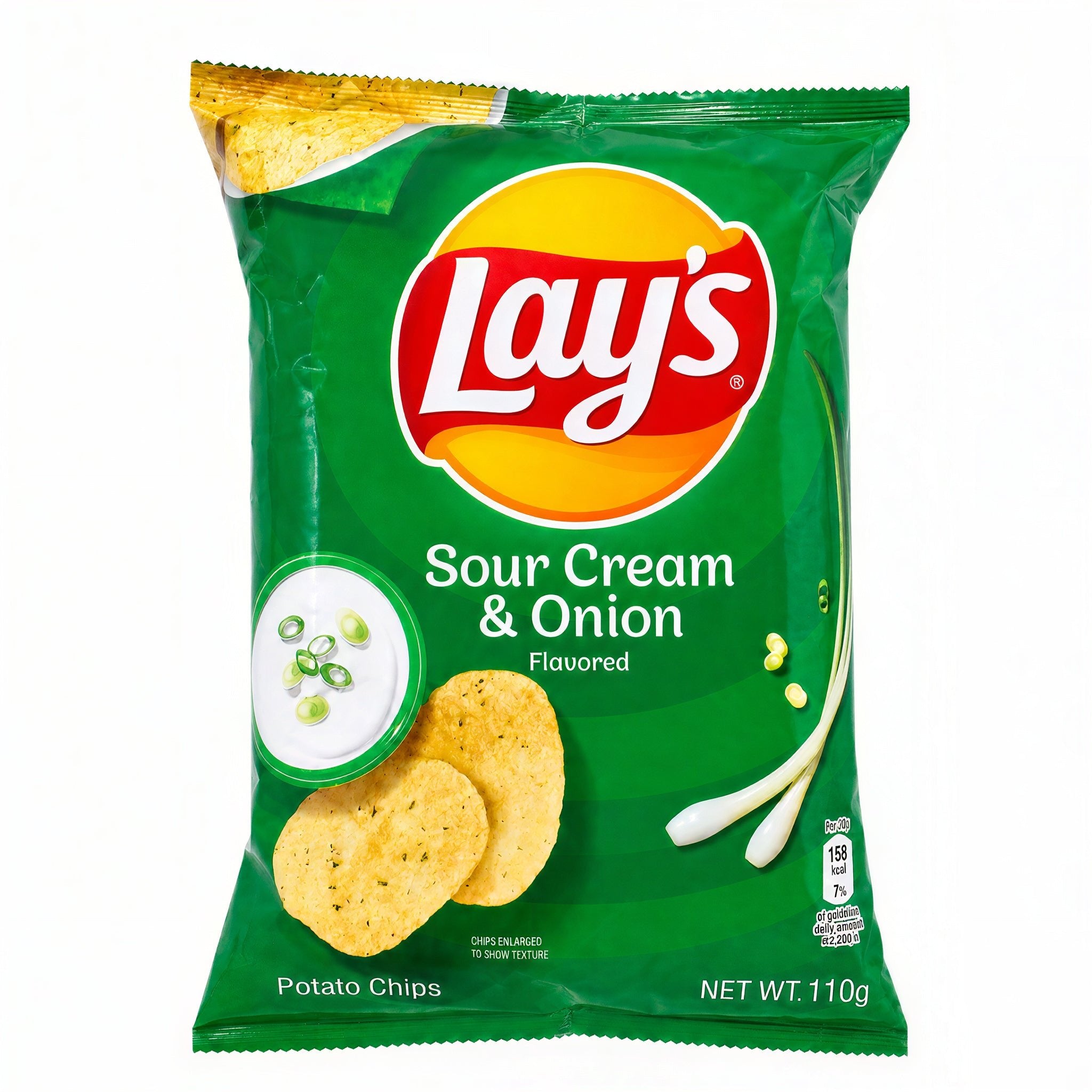 Front of Lay's Sour Cream & Onion Crisps bag displaying the logo, flavour details, and crisp images, 110g pack size