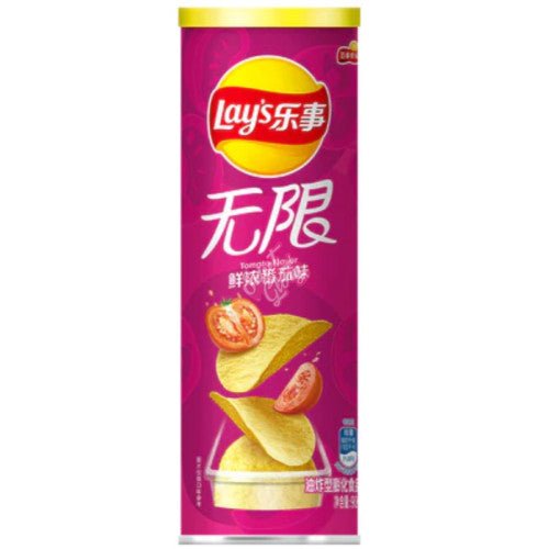 Front of Lay's Stax Tomato tube with red and yellow logo, showing stackable crisps and tomato imagery (90g pack)