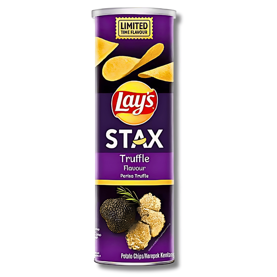 Front of Lay’s Stax Truffle tube showing the logo, truffle flavour label, and pack size (130g)