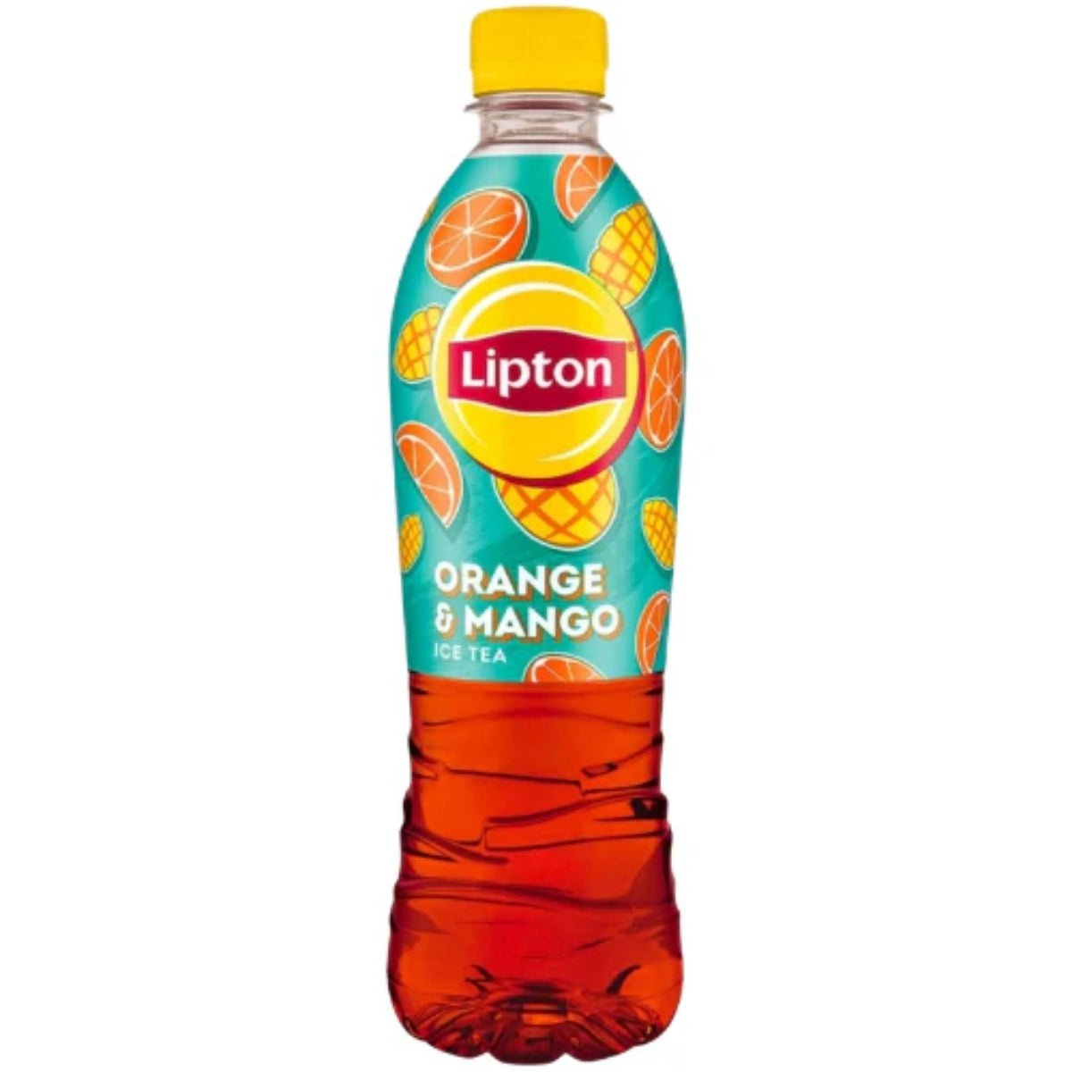 Front of Lipton Iced Tea Orange Mango bottle showing colourful label with orange and mango graphics and 1.5L size indication