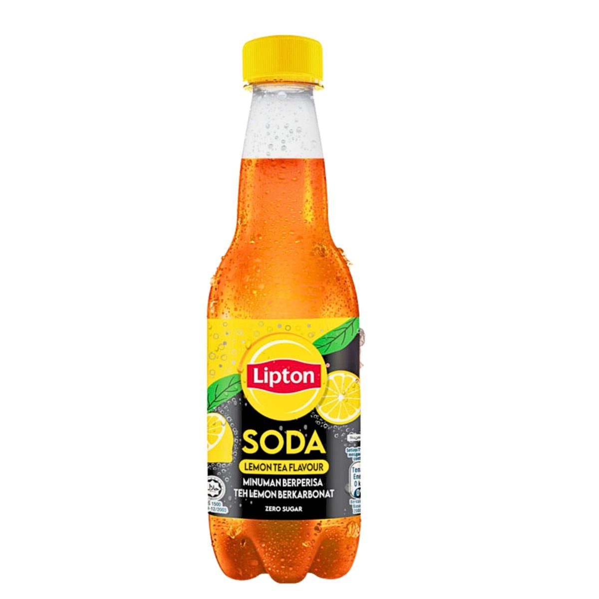 Front of Lipton Soda Lemon Tea Zero Sugar bottle showing the yellow logo, lemon tea flavour, and 400ml size