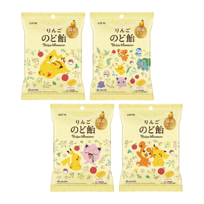 Front of LOTTE Pokemon Apple Lozenges (75g) bag showing playful Pokémon designs and apple flavour branding