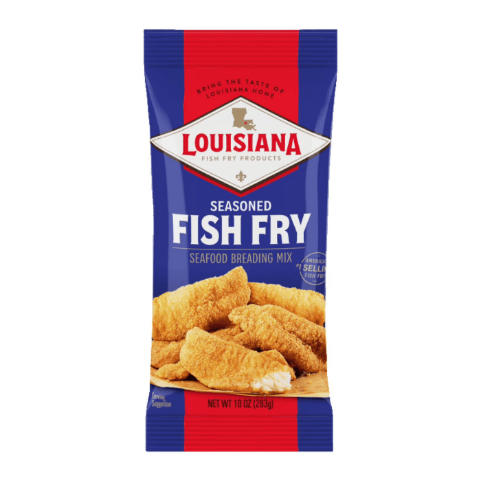 Front of Louisiana Cajun Fish Fry Breading Mix bag showcasing the logo, seasonings, and crispy fish image (283g pack)