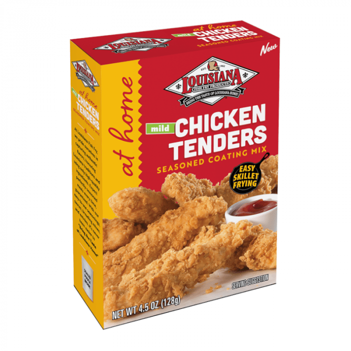 Front of Louisiana Chicken Tenders Mild Seasoning Mix box showing logo, mild flavour label, and image of chicken tenders with dipping sauce (113g pack)