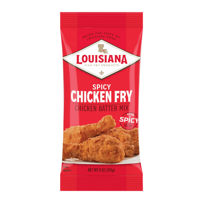 Front of Louisiana Spicy Chicken Fry Batter Mix pouch showing bold red design, spicy chicken fry label, and pack size (255g)