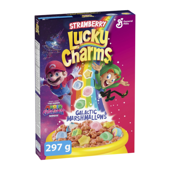 Front of Lucky Charms x Super Mario Strawberry Galactic Marshmallows box featuring vibrant graphics, marshmallow shapes, and pack size of 297g.