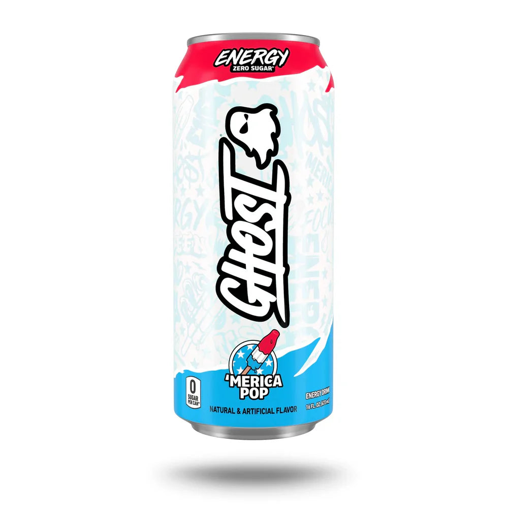 Front of Ghost Energy 'Merica Pop can showing the brand logo, flavour name, and pack size (473ml)