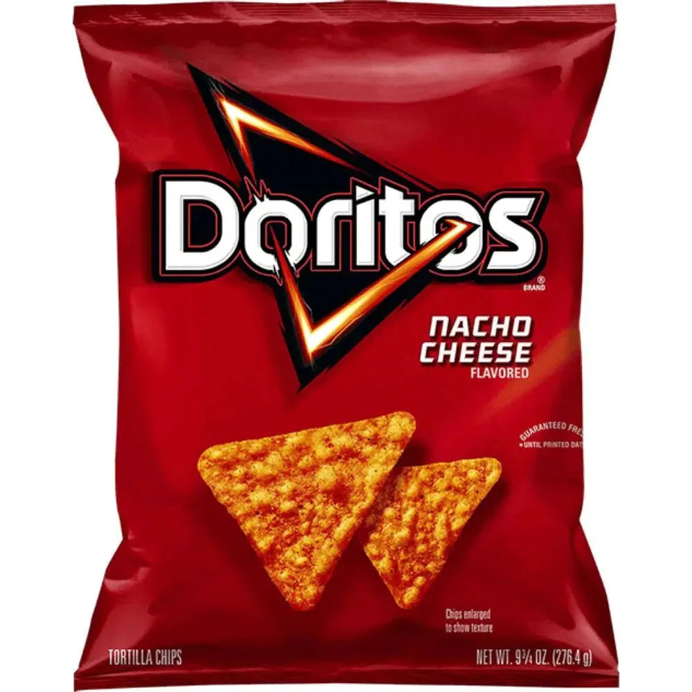 Front of a red bag of Doritos Nacho Cheese showing the logo, triangle tortilla chips, and pack size (92g)
