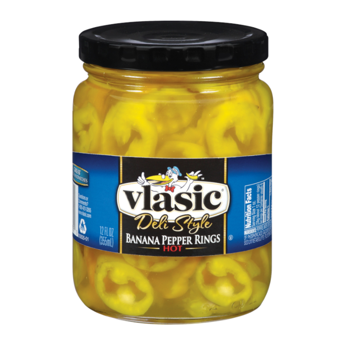 Front of Vlasic Banana Pepper Rings Hot jar showing bold logo, bright yellow pepper rings, and 355ml size label.