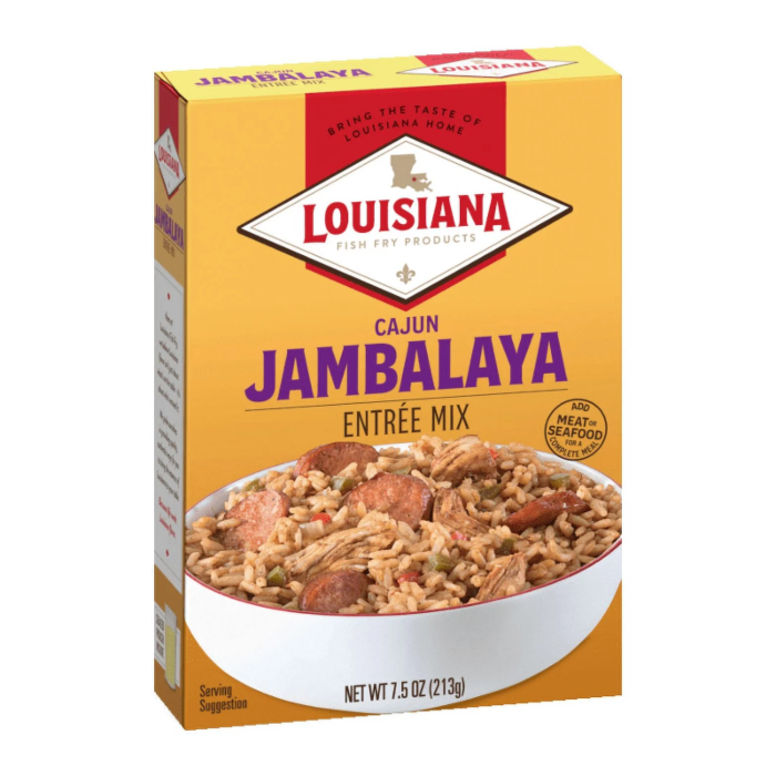 Front of Louisiana Entree Mix Cajun Jambalaya Mix box featuring the logo, Cajun flavour, and a bowl of jambalaya (213g pack)