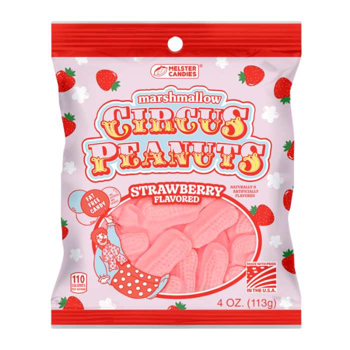 Front of a pink bag of Marshmallow Circus Peanuts Strawberry with logo, vibrant strawberries, and chewy marshmallow candy pieces (113g pack)
