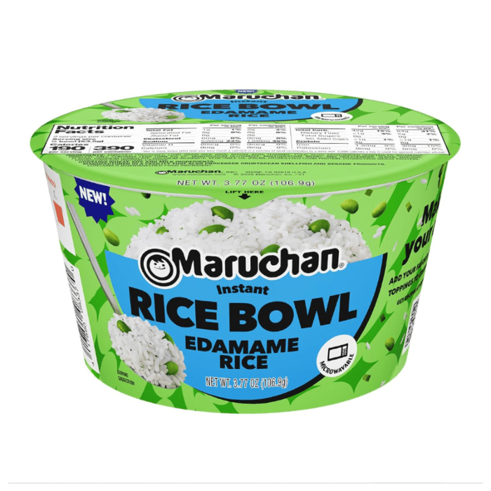 Front of Maruchan Bowl Instant Edamame Rice featuring the logo, vibrant green design, and rice bowl image (106.9g pack)