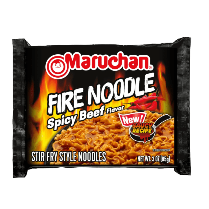 Front of Maruchan Fire Spicy Beef Flavour Ramen Noodles package showing bold logo, fiery graphics, and stir fry noodles (85g pack)