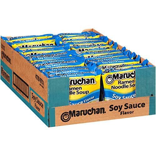 Front of Maruchan Soy Sauce Flavour Ramen Noodles packaging showing yellow label, soy sauce flavour, and 24 pack (85g each)