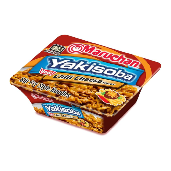 Front of Maruchan Yakisoba Chili Cheese package showing red and blue logo, chilli cheese flavour label, and stir fry style noodles (109 6g)