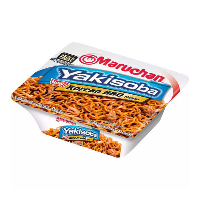 Front of Maruchan Yakisoba Korean BBQ cup showing bold logo, Korean BBQ flavour label, and noodles inside (116 9g)