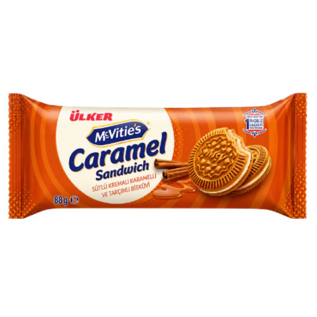 Front of McVities Caramel & Cinnamon Biscuits pack showing logo, caramel and cinnamon details, and 88g weight