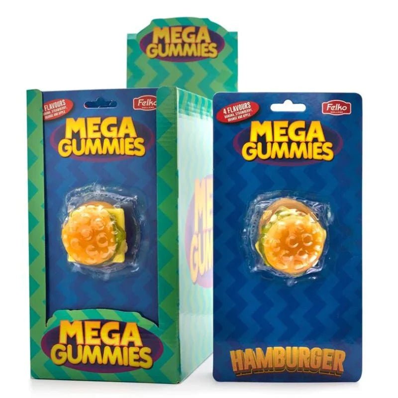 Front of Mega Gummies Hamburger pack featuring a colourful hamburger gummy, brand logo, and 120g pack size.