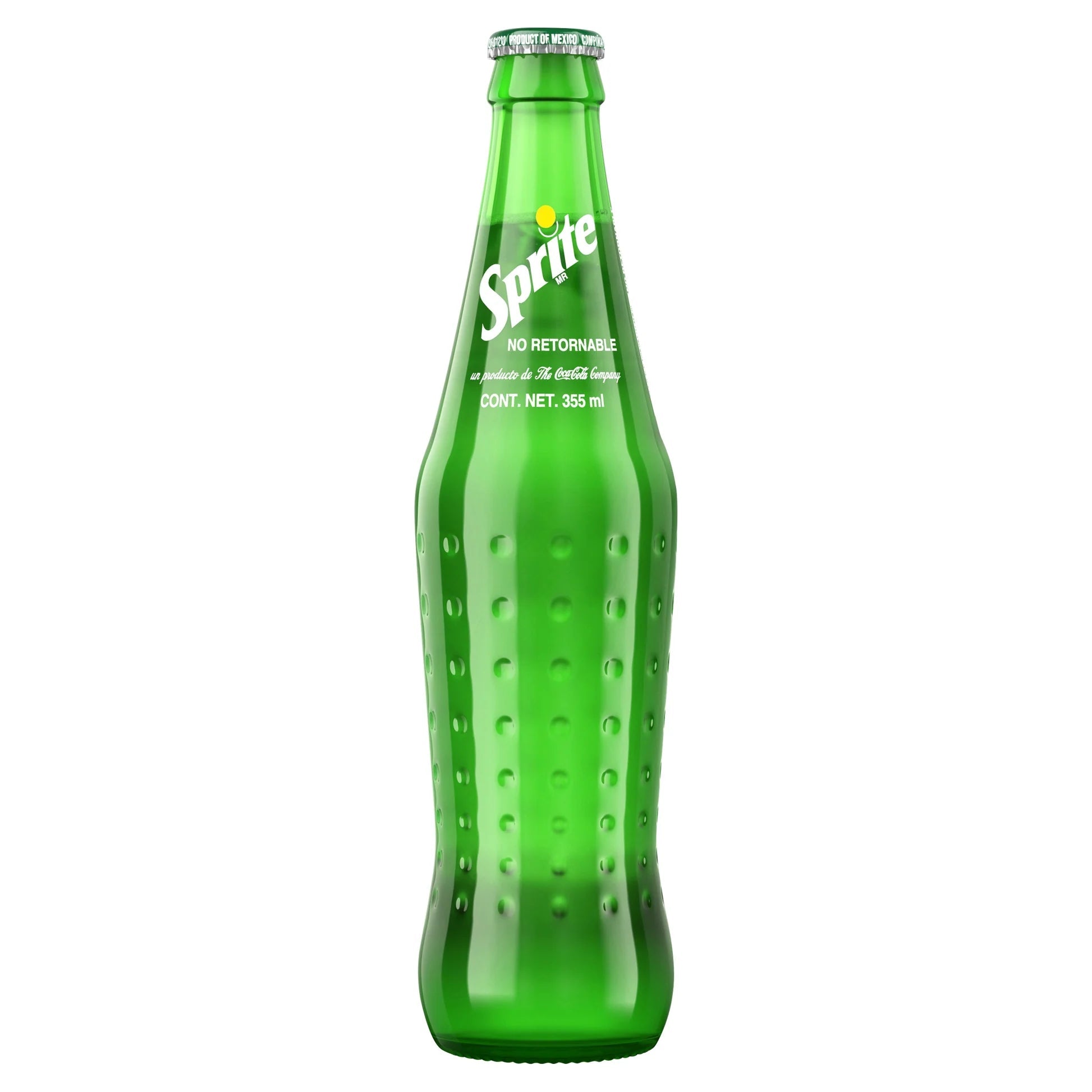 Front of Mexican Sprite bottle featuring green colour, distinctive logo, and 355ml label.