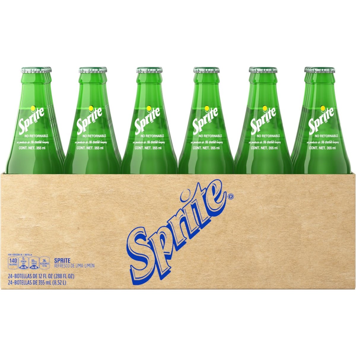 Front of a case of Mexican Sprite showing green bottles with logo and details, 24 x 355ml pack size