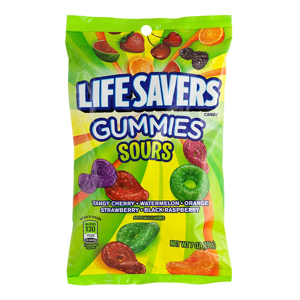 Front of Life Savers Gummies Sours bag displaying bold logo and colourful gummy shapes with tangy cherry, watermelon, orange, strawberry, and black raspberry flavours (198g pack)