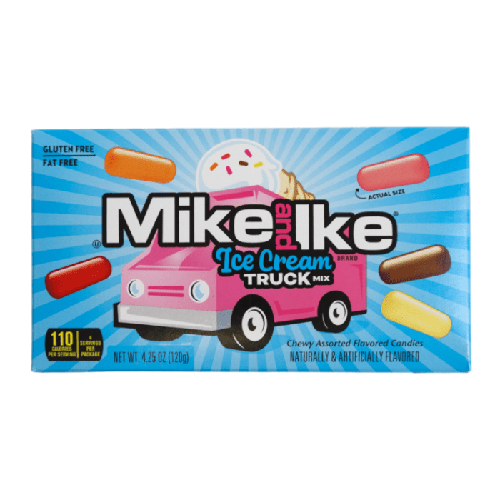 Front of Mike & Ike Ice Cream Truck Mix box featuring logo, pink ice cream truck illustration, and assorted candy pieces (120g pack)