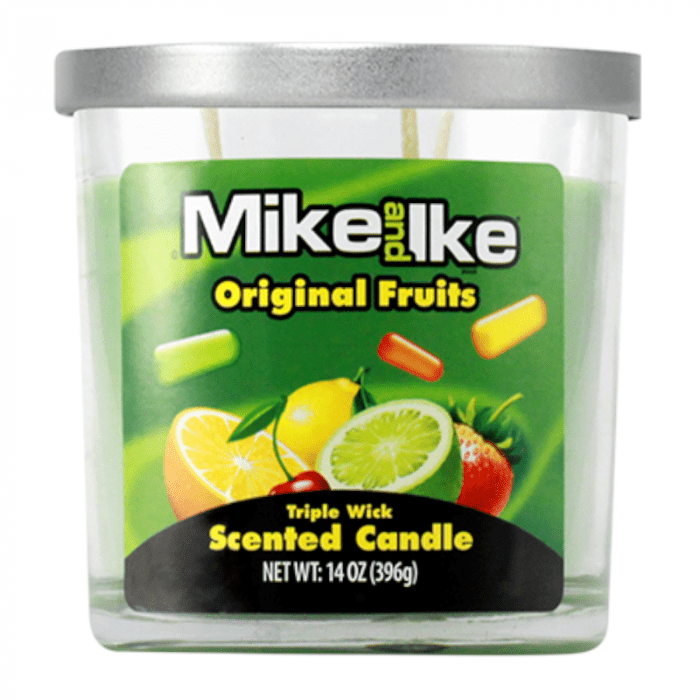 Front of Mike & Ike Original Scented Triple Wick Candle showing vibrant green label, fruit designs, and product details (396g)