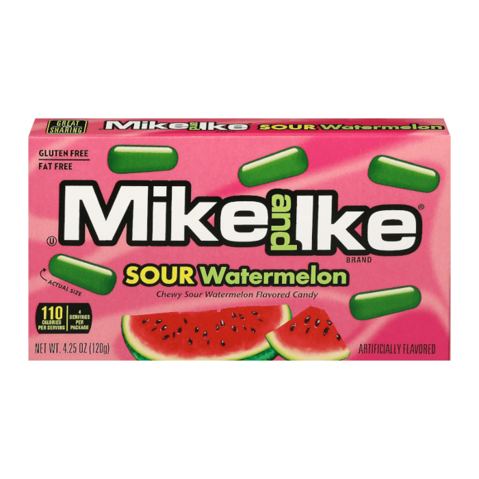 Front of Mike & Ike Sour Watermelon Theatre Box showing the logo, chewy sour watermelon candy, and pack size of 120g