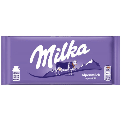 Front of Milka Alpine chocolate bar showing purple packaging, logo, and Alpine milk imagery (90g pack)