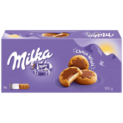 Front of Milka Choco Minis box featuring the purple logo, cookies with chocolate filling, and 150g pack size