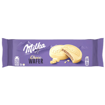 Front of Milka Choco Wafer White packaging showing purple wrapper, logo, and image of the wafers (180g pack)