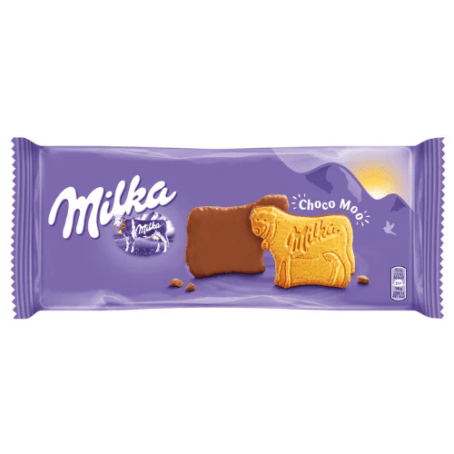 Front of Milka Chocomoo pack featuring purple branding, creamy milk chocolate bar, and chocolate cow shape (120g pack)